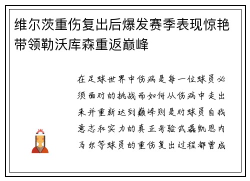 维尔茨重伤复出后爆发赛季表现惊艳带领勒沃库森重返巅峰